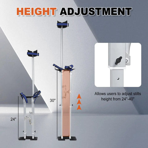 Beefed-Up Adjustable 24 To 40 Inch Aluminum Drywall Stilts, shown with height adjustment feature from 24 to 40 inches.