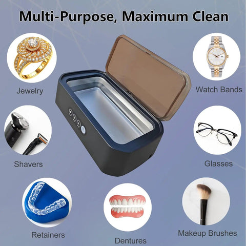 Beast Mode Ultrasonic Jewelry Cleaner 48KHz 22oz Upgraded 2025 Model open view with icons for eyeglasses, watches, and more