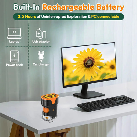 Kid Friendly Handheld Microscope With 2.0 Inch Screen 1000X Magnification Rechargeable Pocket Digital Microscope next to a computer monitor