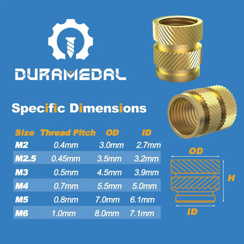Pro Grade Brass Heat Set Threaded Inserts Kit For 3D Printing And Plastic Parts, 470 Pieces; Size chart and insert close-up.
