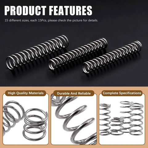 View of 240 Piece Compression Springs Kit, 15 Size Stainless Steel Mini Springs, ideal for repairs and projects.