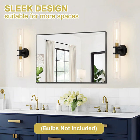 Black And Gold Wall Sconces Set Of Two With Thick Clear Glass Shades Modern Bathroom Lighting For Mirror Vanity Bedroom Hallway, sleek design.