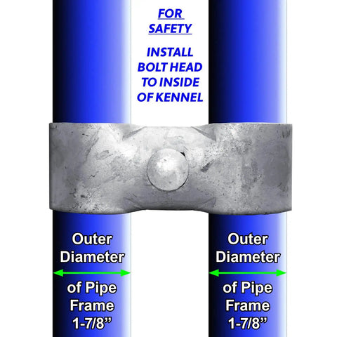 Eight Pack Chain Link Fence Panel Clamps For 1 7 8 Inch Pipe Frames, Kennel Clamps With Bolts And Nuts, Saddle Style, installed view.