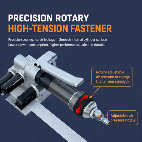 Heavy Duty Handheld Pneumatic Strapping Machine For 19 To 50 Mm Steel Bands with rotary adjustable air pressure nozzle and tension control.