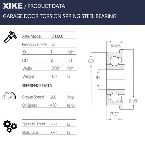 Diagram of 2 Pack Garage Door Torsion Spring Beefy Bearing 1 In ID X 2 In OD Flange Sleeve with measurements and specs