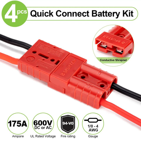 Heavy Duty Battery Quick Connect Disconnect Kit 175 Amp 12 To 36V 1/0 AWG Red 4 Pack For Winches Trailers And Electrical Equipment Fast Easy Power Connection And Disconnection., red battery connector with 1/0 AWG cable and 175A rating