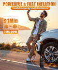 Man using smartphone next to car with Cordless Tire Inflator Portable Air Compressor 150 PSI Rechargeable and sunset background.