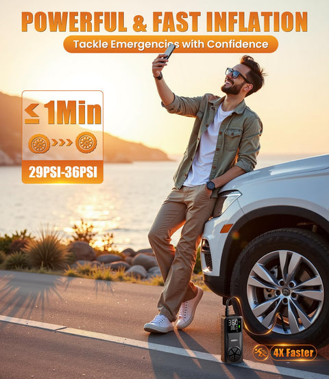 Man using smartphone next to car with Cordless Tire Inflator Portable Air Compressor 150 PSI Rechargeable and sunset background.