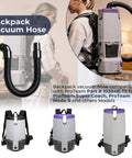 Static Dissipating Backpack Vacuum Hose With One And A Half Inch Cuffs Fits ProTeam Super Coach Mode 6 And Other Models Replacement Stretchable Durable For Dust Collection On Miter Saw And General Shop Vac Use, shown attached to a ProTeam backpack vacuum cleaner.