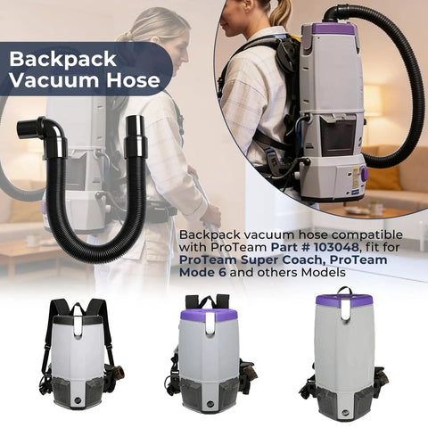 Static Dissipating Backpack Vacuum Hose With One And A Half Inch Cuffs Fits ProTeam Super Coach Mode 6 And Other Models Replacement Stretchable Durable For Dust Collection On Miter Saw And General Shop Vac Use, shown attached to a ProTeam backpack vacuum cleaner.