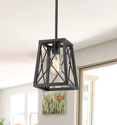 Farmhouse Pendant Light With Metal Wire Cage In Matte Black Vintage Geometric Hanging Lantern Style 1 Light Fixture For Kitchen Island Dining Room Restaurant Industrial Modern Pendant Lighting featuring a geometric metal wire cage and a single bulb in matte black finish.