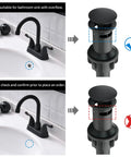 Matte Black Two Handle Bathroom Sink Faucet With Pop Up Drain And Supply Lines 4 Inch Centerset Design For 2 Or 3 Hole Lavatory Vanity Sleek Modern Fixture With No Fuss Install And Precise Temperature Control showing installation compatibility with sink overflow and correct drain type