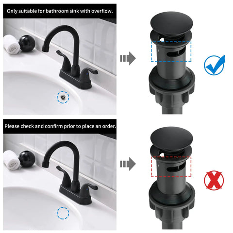 Matte Black Two Handle Bathroom Sink Faucet With Pop Up Drain And Supply Lines 4 Inch Centerset Design For 2 Or 3 Hole Lavatory Vanity Sleek Modern Fixture With No Fuss Install And Precise Temperature Control showing installation compatibility with sink overflow and correct drain type