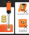 Brass Heat Set Inserts Kit With Knurled Threaded Inserts Assortment M2 M2.5 M3 M4 M5 M6 M8, 90W soldering iron in use illustration