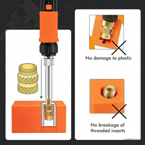 Brass Heat Set Inserts Kit With Knurled Threaded Inserts Assortment M2 M2.5 M3 M4 M5 M6 M8, 90W soldering iron in use illustration