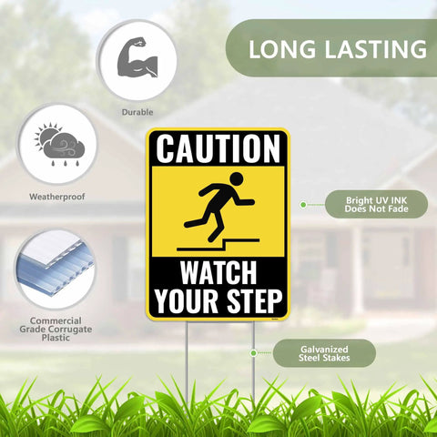 Two Pack Watch Your Step Yard Signs With Metal Stakes 12 By 9 Inches Corrugated Plastic Outdoor Caution Signs Bold Lettering Easy Install No Tools Needed displayed on grass with durability features highlighted.