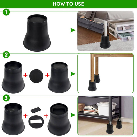 Heavy Duty 6 Inch Bed Risers Set, 9 Pack With Caster Pads, Holds Up To 6600 Lbs, Round Furniture Risers For Beds Sofas Desks And Chairs, Black No Slip Grip For Tight Spaces, shown lifting bed and desk.