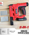 Cordless 18 Gauge Brad Nailer And Electric Stapler Kit With 20V Battery Charger showing 18ga brad nails and staples for DIY woodworking.