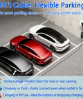 Portable Electric Vehicle J1772 Charger With 40 Foot Cord Level One Two Plug And Play connected to multiple EVs in a garage.