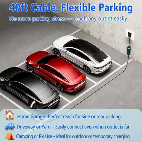Portable Electric Vehicle J1772 Charger With 40 Foot Cord Level One Two Plug And Play connected to multiple EVs in a garage.