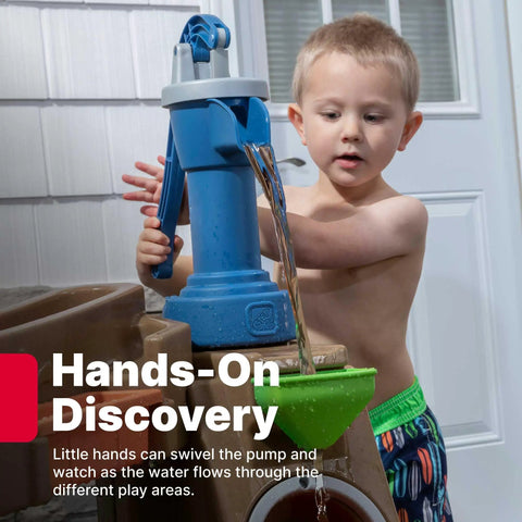 Child using Pump And Splash Discovery Water Table For Toddlers 2 Plus With Seats, Kid Friendly Sensory Pool And Outdoor Water Play Set