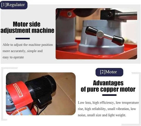 Close-up of Professional Grade Circular Saw Blade Sharpener With Adjustable Rotary Mill Grinding Attachment for Carbide Tipped Cutters showing motor side adjustment.