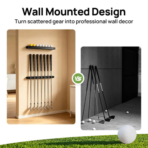 Dope Wall Mounted Golf Club Rack With 8 Clips And Golf Ball Display showing organized clubs and balls in wood decor setting