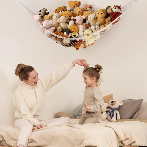 Corner Hanging Stuffed Animal Storage Hammock Net For Plush Toys Large Capacity Toy Organizer above mother and child