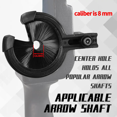 Close-up of Whisker Biscuit Quick Shot Archery Arrow Rest With Full Containment Brush showing 8 mm caliber center hole.