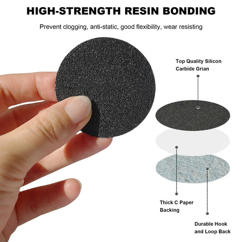 Close-up of a disc from the 120 Piece 2 Inch Wet Dry Sanding Disc Set With 60 Through 10000 Grit Silicon Carbide Hook And Loop Sandpaper