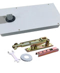 Beefy Floor Spring Glass Hinge N-828 For Heavy Doors, Supports Up To 120KG, Fits 950-1050mm Wide, Opens To 116 Degrees, Center Hung Double Action Door Hardware For Commercial Or Residential Use shown with parts