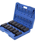 Top Tier Deep Impact Socket Set 12Pcs In 1 Inch Drive Size With Massive 24-41Mm Range And Heavy Duty Build Perfect For Pros And DIY Mechanics Looking For Serious Power And Storage On The Go. black impact socket set in blue case
