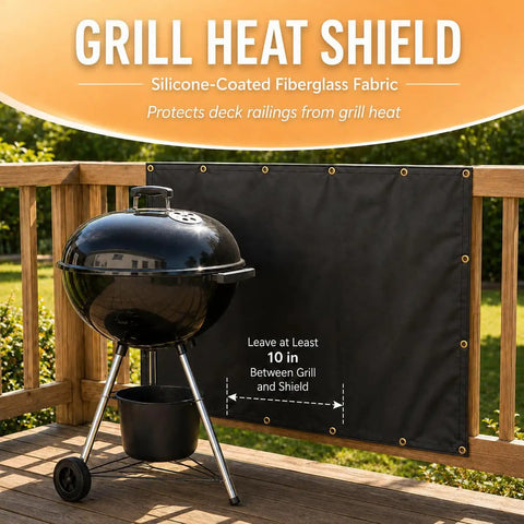 Heavy Duty Fireproof Fence Cover And Screen Protection For Grill Heat Shield On Deck Railing Balcony Privacy Screen Cover Waterproof Windscreen For Apartments Weatherproof 3x6 Feet shown with grill on deck