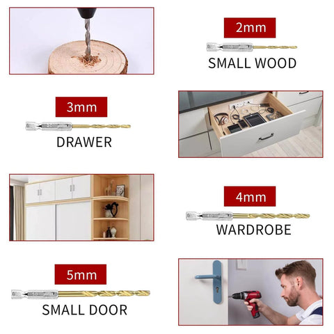 Aluminum Cabinet Hardware Jig Kit For Fast Precise Door Handle And Drawer Front Knob Installing Including Automatic Center Punch And Four Drill Bits For Quick Pro Grade Mounts shown with various drill sizes for wood, drawer, wardrobe, and door.