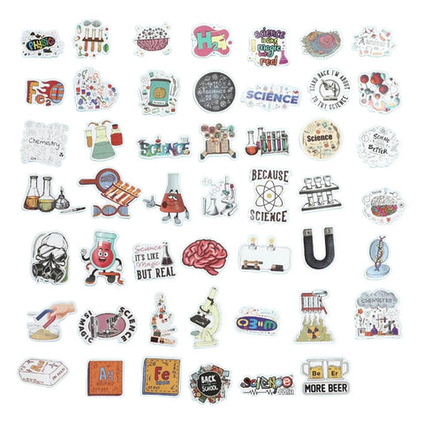 Various science-themed stickers with lab equipment and formulas on a white background.
