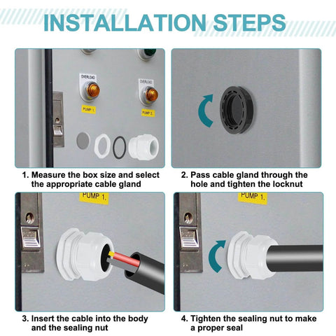 Installation steps for 15 Pack PG7 Nylon Cable Glands Waterproof Cord Grips With Washers, Adjustable 3 To 6.5mm Wire Grommets