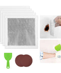 10 Inch Drywall Repair Patch Kit With Self Adhesive Aluminum Plasterboard Patches Quick Fix For Cracks In Walls And Ceilings Includes Scraper And Easy Peel Adhesive 8 Pieces shown with patches, scraper, and application close-ups.