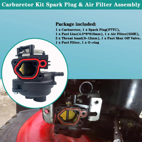 Carburetor DIY Friendly Repair Kit With Spark Plug And Air Filter Assembly for Briggs and Stratton, shown with parts list.