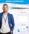 Clear Plastic Horizontal Name Tag Card Holders 30 Pack Paired With 30 Black Flat Neck Lanyards With Swivel Hook For ID Badges Boss Level Convenience At Office Events And Conferences, showing dimensions and a model wearing a lanyard.
