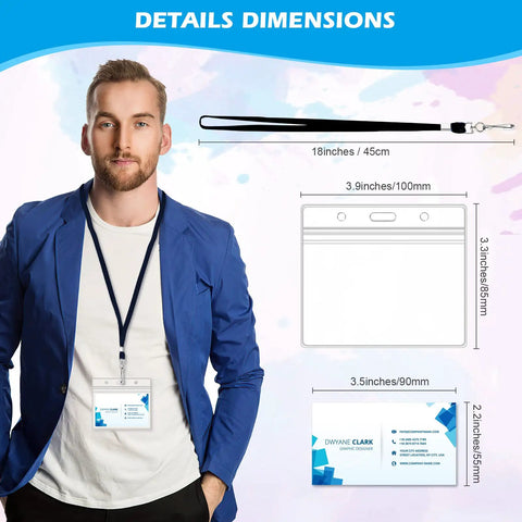 Clear Plastic Horizontal Name Tag Card Holders 30 Pack Paired With 30 Black Flat Neck Lanyards With Swivel Hook For ID Badges Boss Level Convenience At Office Events And Conferences, showing dimensions and a model wearing a lanyard.