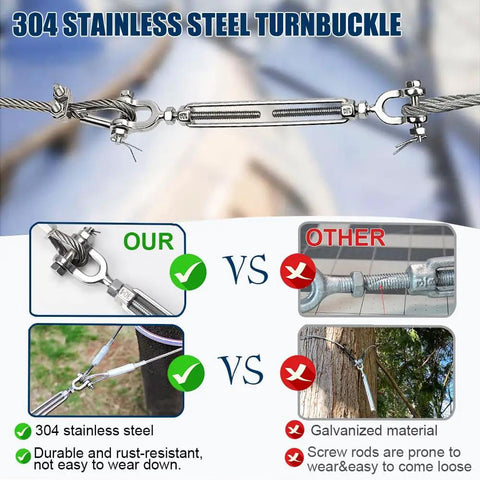Comparison of 304 stainless steel turnbuckle and galvanized turnbuckle showing anti-rust properties and durability.
