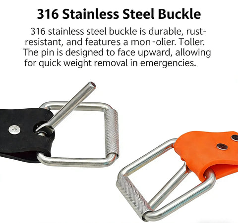 Close-up of 316 stainless steel buckle on adjustable quick dry silicone weight belt for scuba freediving snorkeling and water sports