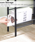 Slim Side Table With Charging Station And USB Ports For Small Spaces, showing mesh shelf with raised back storage for books
