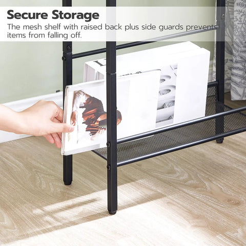 Slim Side Table With Charging Station And USB Ports For Small Spaces, showing mesh shelf with raised back storage for books