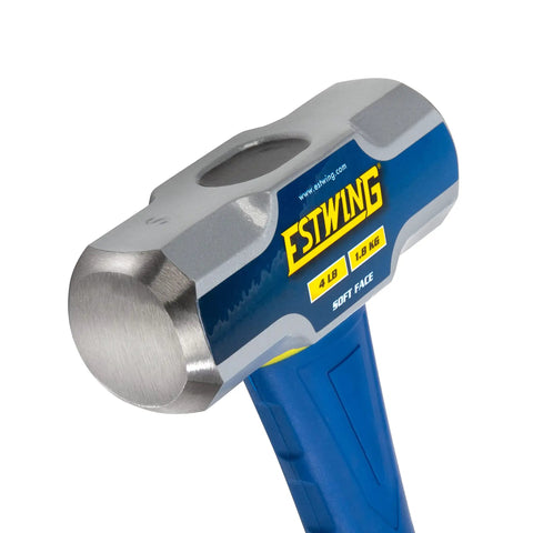 Soft Face Sledge Hammer For Auto Shop And Construction Use, 4-Pound Head, 16-Inch Fiberglass Handle, blue head detail view
