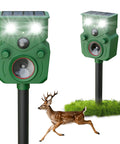 Solar Motion Sensor Ultrasonic Deer Repellent 2 Pack With LED Lights Waterproof Outdoor Wildlife Deterrent For Deer Coyotes Raccoons And Dogs 2026 Upgrade Easy Setup And Humane Yard Protection, black stake-mounted units