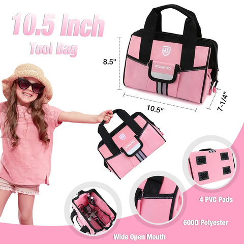 Child holding 10.5-inch pink storage bag from 9 Piece Kids Real Hand Tool Set Pink Junior Tool Kit for DIY woodworking projects.