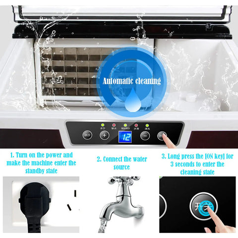 Portable Countertop Ice Maker Machine With No Sweat Self Cleaning And Lightning Fast Bullet Ice Production Compact Design showing automatic cleaning instructions.