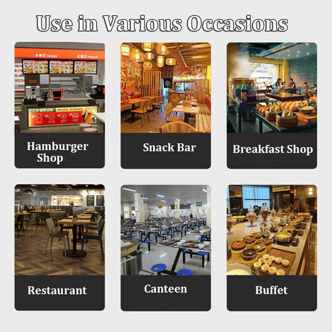 Various dining settings including hamburger shop, snack bar, breakfast shop, restaurant, canteen, and buffet.