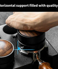 Hand placing portafilter on Slick Coffee Tamper Holder Portafilter Stand Tight Tamping Station Organizer for Home Baristas.